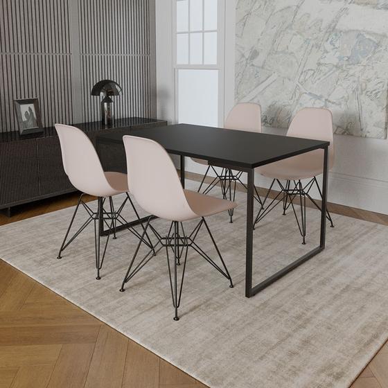 Imagem de Mesa Industrial Base Ferro Preto 137x90 Tampo Preto 4 Cadeiras Eiffel Ferro Preto Assento Branco