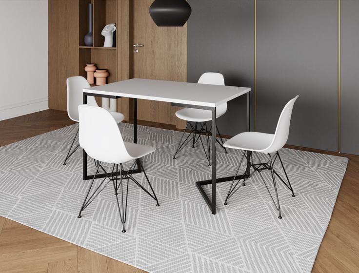 Imagem de Mesa Industrial Base Ferro Preto em  V  Tampo 137x90 Branco 4 Cadeiras Eames Assento Branco Ferro Preto