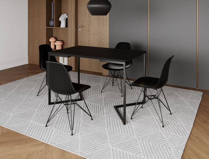 Imagem de Mesa Industrial Base Ferro Preto em  V  Tampo 137x90 Preto 4 Cadeiras Eames Assento Preto Ferro Preto