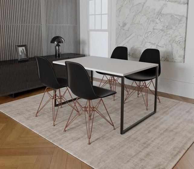 Imagem de Mesa Industrial Base Ferro Preto Tampo 137x90 Branco 4 Cadeiras Eames Ferro Cobre Assento Preto
