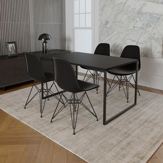 Imagem de Mesa Industrial Base Ferro Preto Tampo 137x90 Preto 4 Cadeiras Ferro Preto Assento Preto
