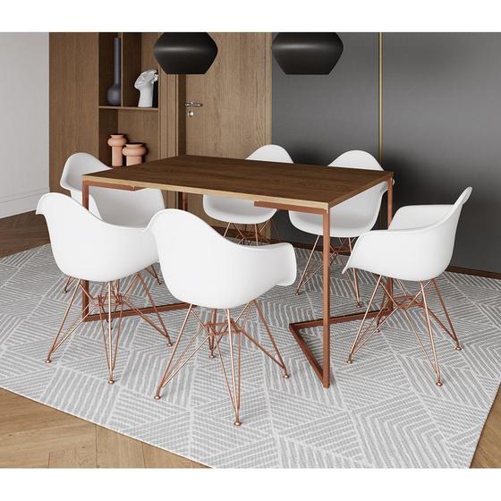 Imagem de Mesa Industrial Jantar Amêndoa 137x90cm Base Cobre V com 6 Poltronas Eames Eiffel Brancas Base Cobre