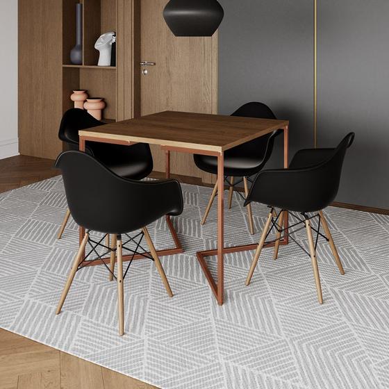 Imagem de Mesa Industrial Jantar Amêndoa Quadrada 90cm Base Cobre V com 4 Poltronas Pretas Eames Eiffel Madeir