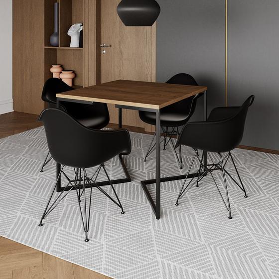 Imagem de Mesa Industrial Jantar Quadrada Amêndoa 90cm Base V com 4 Poltronas Pretas Eames Eiffel Ferro Preto