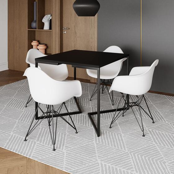 Imagem de Mesa Industrial Jantar Quadrada Preta 90cm Base V com 4 Poltronas Brancas Eames Eiffel Ferro Preto