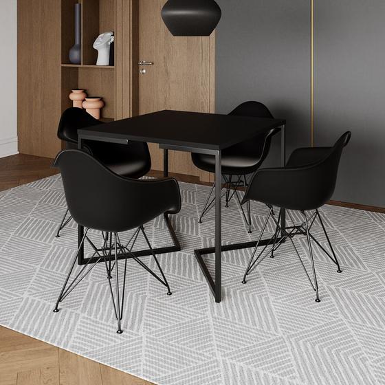 Imagem de Mesa Industrial Jantar Quadrada Preta 90cm Base V com 4 Poltronas Pretas Eames Eiffel Ferro Preto