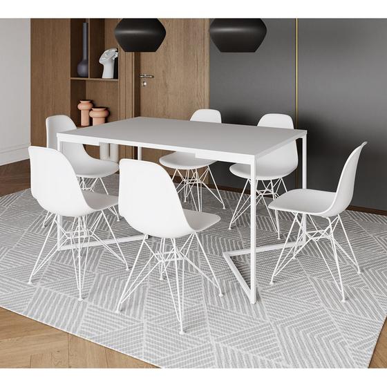 Imagem de Mesa Industrial Jantar Retangular 137x90cm Branca Base V com 6 Cadeiras Eames Eiffel Brancas Ferro B