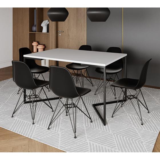 Imagem de Mesa Industrial Jantar Retangular 137x90cm Branca Base V com 6 Cadeiras Eames Eiffel Pretas Ferro Pr