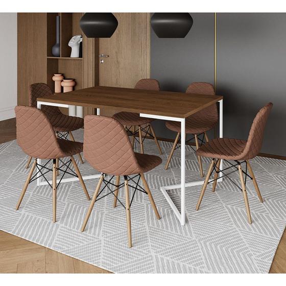 Imagem de Mesa Industrial Retangular Amêndoa Base V Aço Branco 137x90cm 6 Cadeiras Madeira Estofadas Caramelo