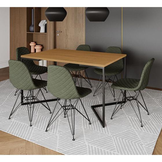 Imagem de Mesa Industrial Retangular Base V 137x90cm Canela C/ 6 Cadeiras Estofadas Eiffel Verdes Aço Preto