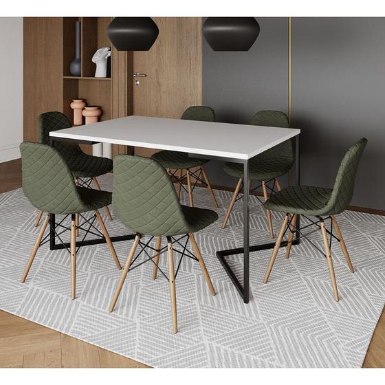 Imagem de Mesa Industrial Retangular Base V Aço Preto 137x90cm Branca 6 Cadeiras Madeira Estofadas Verde