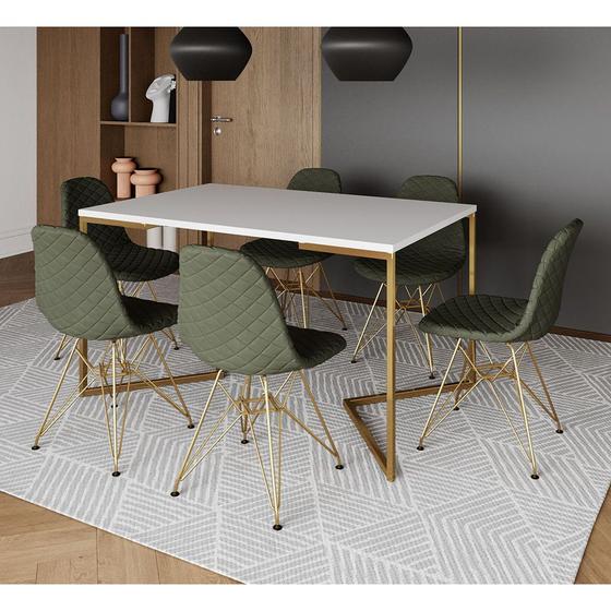 Imagem de Mesa Industrial Retangular Branca Base V Dourada 137x90cm 6 Cadeiras Estofadas Verdes Dourada 