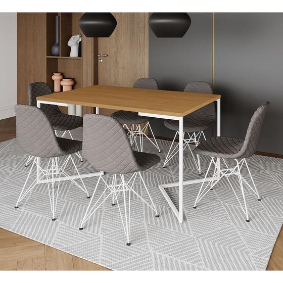 Imagem de Mesa Industrial Retangular Canela Base V 137x90cm C/ 6 Cadeiras Eiffel Estofadas Grafite Aço Branco