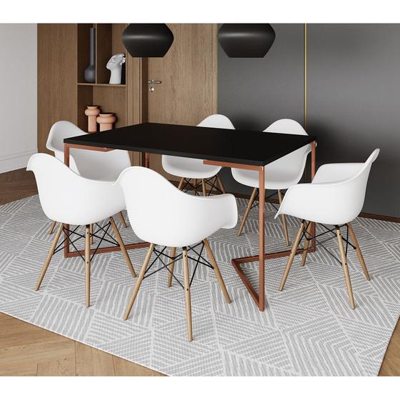 Imagem de Mesa Industrial Retangular Jantar 137x90cm Preta Base Cobre V com 6 Poltronas Brancas Eames Eiffel M