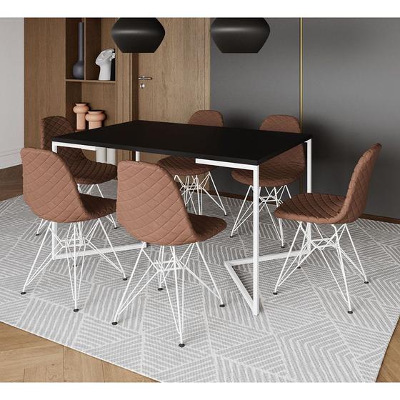 Imagem de Mesa Industrial Retangular Preta Base V 137x90cm C/ 6 Cadeiras Estofadas Caramelo Eiffel Aço Branco 