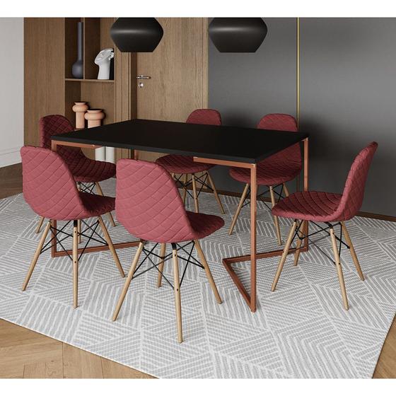 Imagem de Mesa Industrial Retangular Preta Base V Cobre 137x90cm 6 Cadeiras Estofadas Eames Vermelhas Madeira 