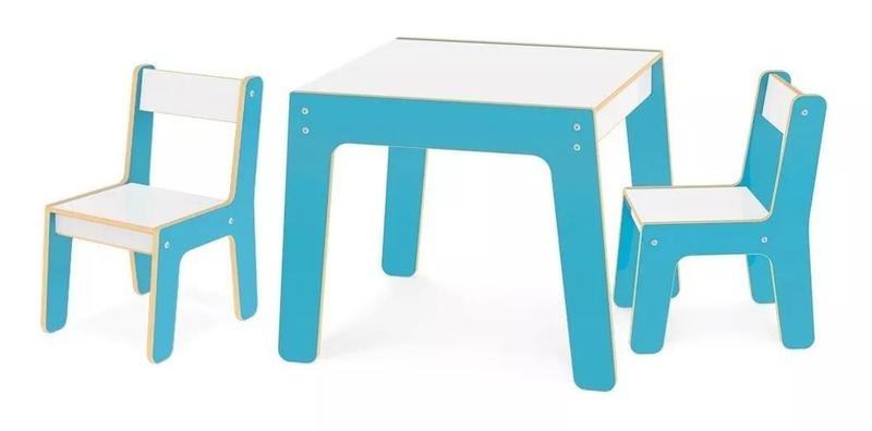 Imagem de Mesa Infantil Conjunto Com 2 Cadeiras Azul Junges Em Madeira MDF Didática 991