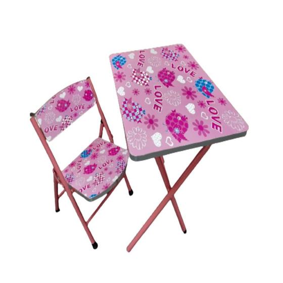 Imagem de Mesa infantil crianca com 1 cadeira dobravel para bricar atividade educativas em madeira love rosa