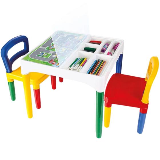 Imagem de Mesa Infantil Didática Conjunto com 2 Cadeiras Educativa Mesinha Escola Presente Infantil Desenho Brincar Aprender Comer Atividade Colorida