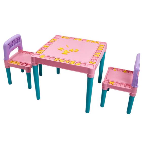 Imagem de Mesa Infantil Educativa  Didática Conjunto Mesa e 2 Cadeiras Recreação Plástico Colorida Atividades Estudo Brincar Escola 