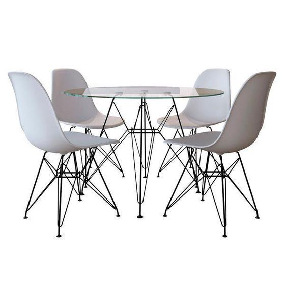 Imagem de Mesa Jantar Eames de Ferro Preto Tampo Redondo 90cm Vidro 4 Cadeiras Brancas