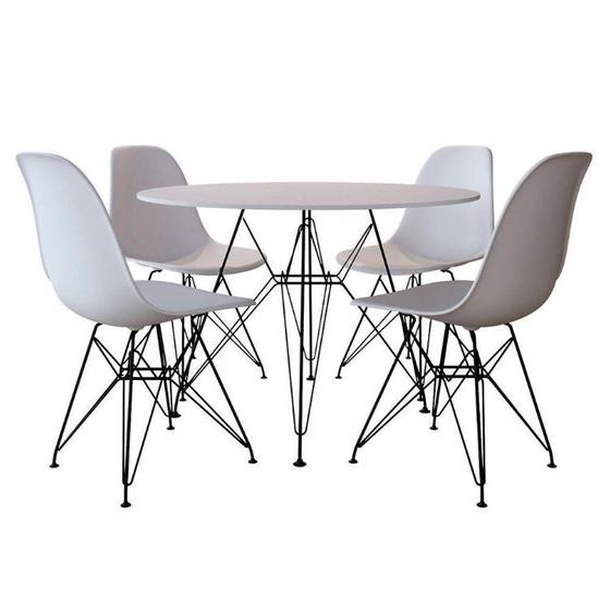 Imagem de Mesa Jantar Eames De Ferro Preto Tampo Redondo Branco 110cm 4 Cadeiras Brancas