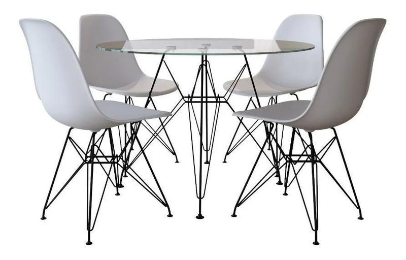 Mesa Jantar Eames De Ferro Preto Tampo Redondo Vidro 110cm 4 Cadeiras Brancas Menor preço em Mesa Jantar Eames De Ferro Preto Tampo Redondo Vidro 110cm 4 Cadeiras Brancas