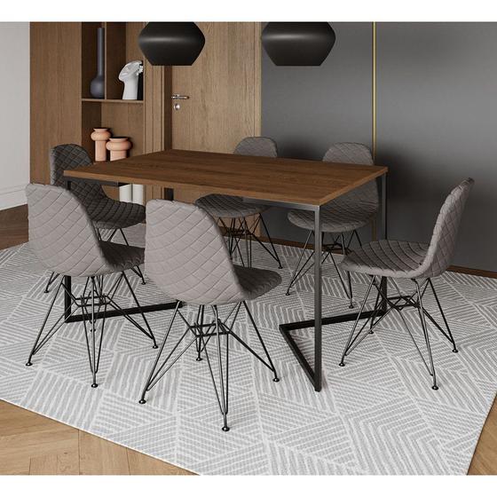 Imagem de Mesa Jantar Industrial Amêndoa 137x90cm Base V com 6 Cadeiras Eames Aço Preto Estofadas Grafite