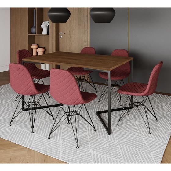 Imagem de Mesa Jantar Industrial Amêndoa 137x90cm Base V com 6 Cadeiras Eames Aço Preto Estofadas Vermelhas