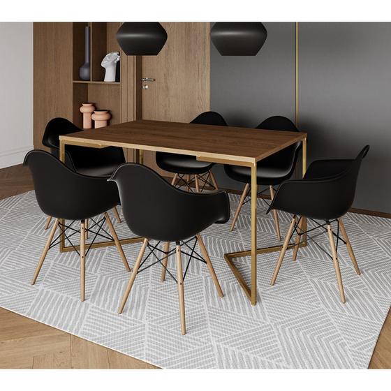 Imagem de Mesa Jantar Industrial Amêndoa 137x90cm Base V Dourada com 6 Poltronas Eames Eiffel Daw Madeira Pret