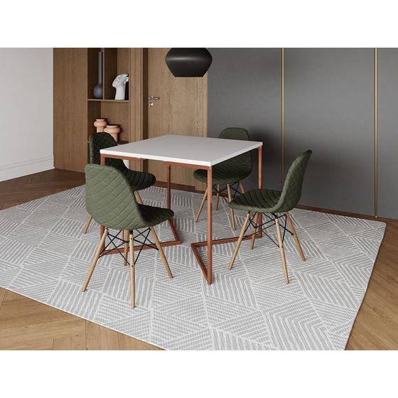 Imagem de Mesa Jantar Industrial Base Cobre V 90cm Quadrada Branca C/ 4 Cadeiras Madeira Eames Estofada Verde