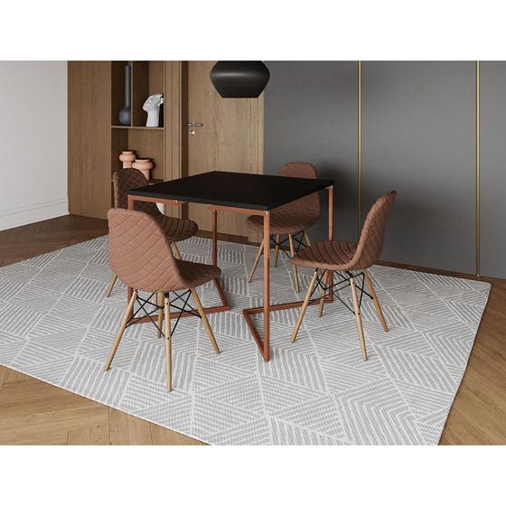 Imagem de Mesa Jantar Industrial Base Cobre V 90cm Quadrada Preta C/ 4 Cadeiras Madeira Eames Estofada Caramel