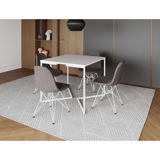 Imagem de Mesa Jantar Industrial Base V 90cm Quadrada Branca C/ 4 Cadeiras Ferro Branco Eames Estofada Grafite