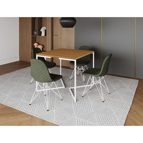 Imagem de Mesa Jantar Industrial Base V 90cm Quadrada Canela C/ 4 Cadeiras Ferro Branco Eames Estofada Verde