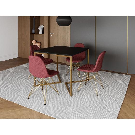 Imagem de Mesa Jantar Industrial Base V 90cm Quadrada Preta C/ 4 Cadeiras Base Dourada Eames Estofada Vermelho