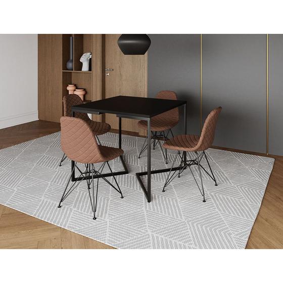 Imagem de Mesa Jantar Industrial Base V 90cm Quadrada Preta C/ 4 Cadeiras Ferro Preto Eames Estofada Caramelo