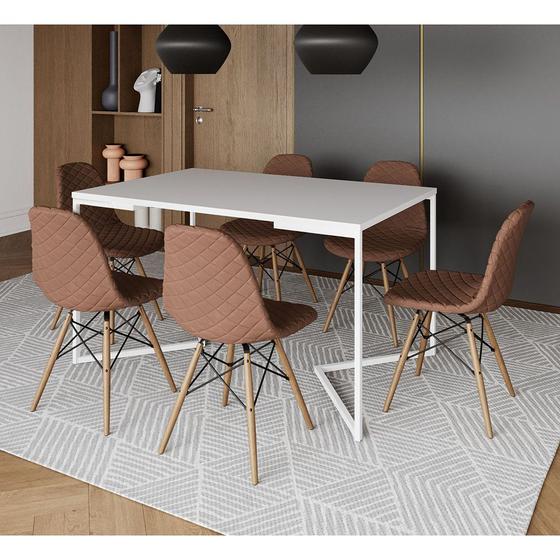 Imagem de Mesa Jantar Industrial Branca Base V Aço Branco 137x90cm 6 Cadeiras Madeira Estofadas Caramelo