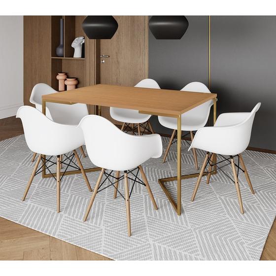 Imagem de Mesa Jantar Industrial Canela 137x90cm Base V Dourada com 6 Poltronas Eames Eiffel Daw Madeira Branc