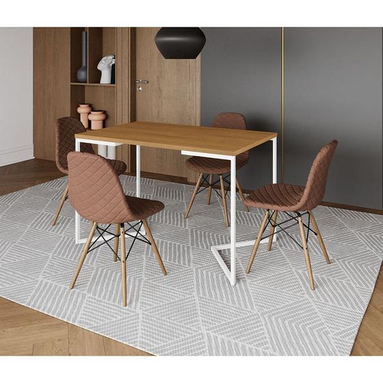 Imagem de Mesa Jantar Industrial com 4 Cadeiras Estofada Caramelo Madeira Tampo Canela 120x75 Base V Aço Branc