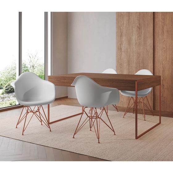 Imagem de Mesa Jantar Industrial Filadélfia Amêndoa 137x90cm com 4 Poltronas Eames Eiffel Brancas Base Cobre