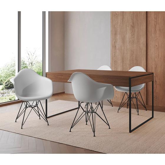 Imagem de Mesa Jantar Industrial Filadélfia Amêndoa 137x90cm com 4 Poltronas Eames Eiffel Brancas Base Ferro P