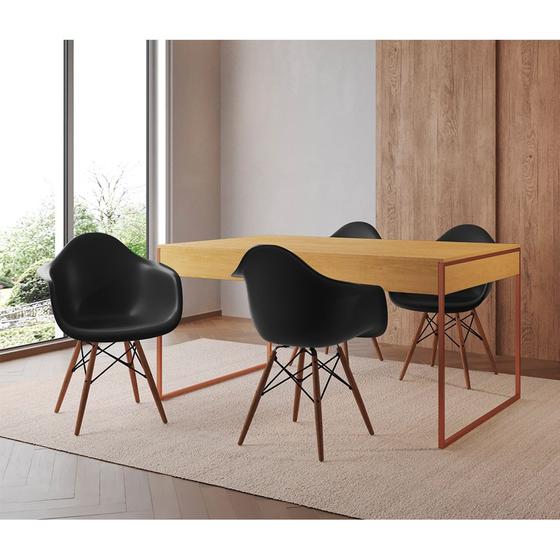 Imagem de Mesa Jantar Industrial Filadélfia Canela 137x90cm Base Cobre com 4 Poltronas Pretas Eames Eiffel Mad