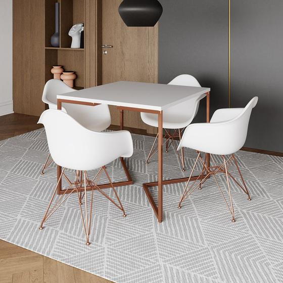 Imagem de Mesa Jantar Industrial Premium Branca 90cm Quadrada Base Cobre V com 4 Poltronas Eames Eiffel Branca