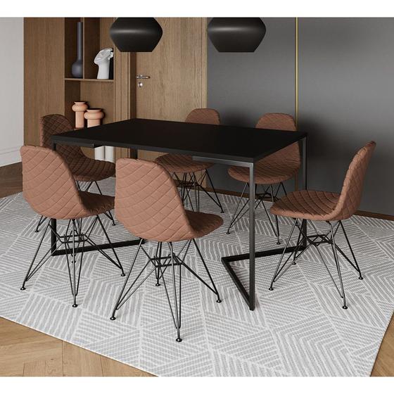 Imagem de Mesa Jantar Industrial Preta 137x90cm Base V com 6 Cadeiras Estofadas Eames Caramelo Aço Preto