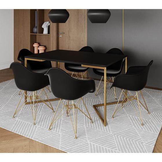 Imagem de Mesa Jantar Industrial Preta 137x90cm Base V com 6 Poltronas Eames Eiffel Daw Pretas Base Dourada