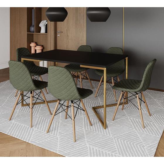 Imagem de Mesa Jantar Industrial Preta Base V Dourada 137x90cm com 6 Cadeiras Estofadas Verdes Madeira 
