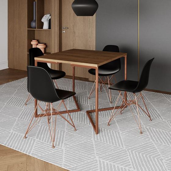 Imagem de Mesa Jantar Industrial Quadrada 90cm Amêndoa Base Cobre V com 4 Cadeiras Pretas Eames Eiffel Pés Cob