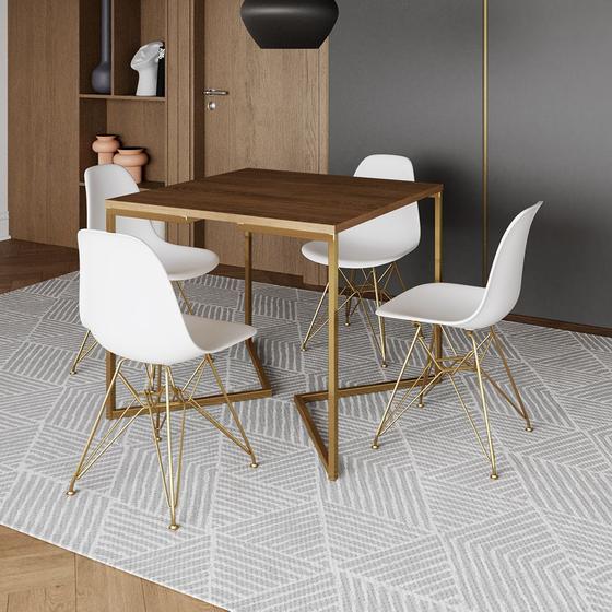 Imagem de Mesa Jantar Industrial Quadrada 90cm Amêndoa Base V com 4 Cadeiras Eames Eiffel Brancas Base Dourada