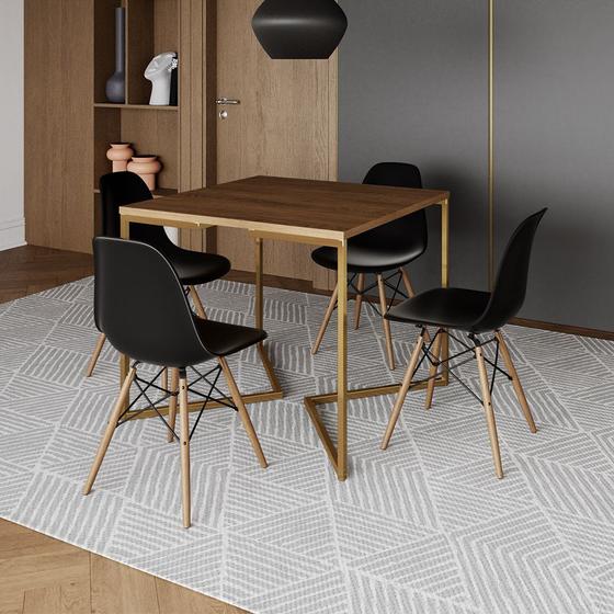 Imagem de Mesa Jantar Industrial Quadrada 90cm Amêndoa Base V Dourada com 4 Cadeiras Eames Eiffel Madeira Pret