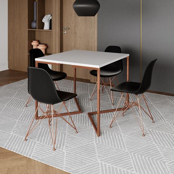 Imagem de Mesa Jantar Industrial Quadrada 90cm Branca Base Cobre V com 4 Cadeiras Pretas Eames Eiffel Pés Cobr